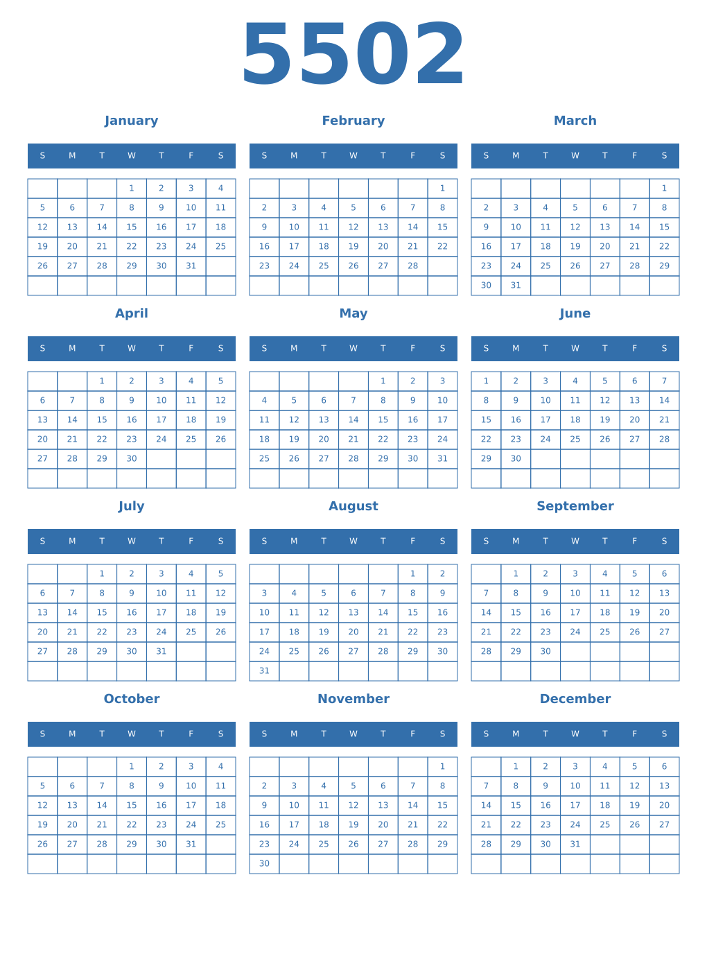 Printable 5502 Year Calendars blue