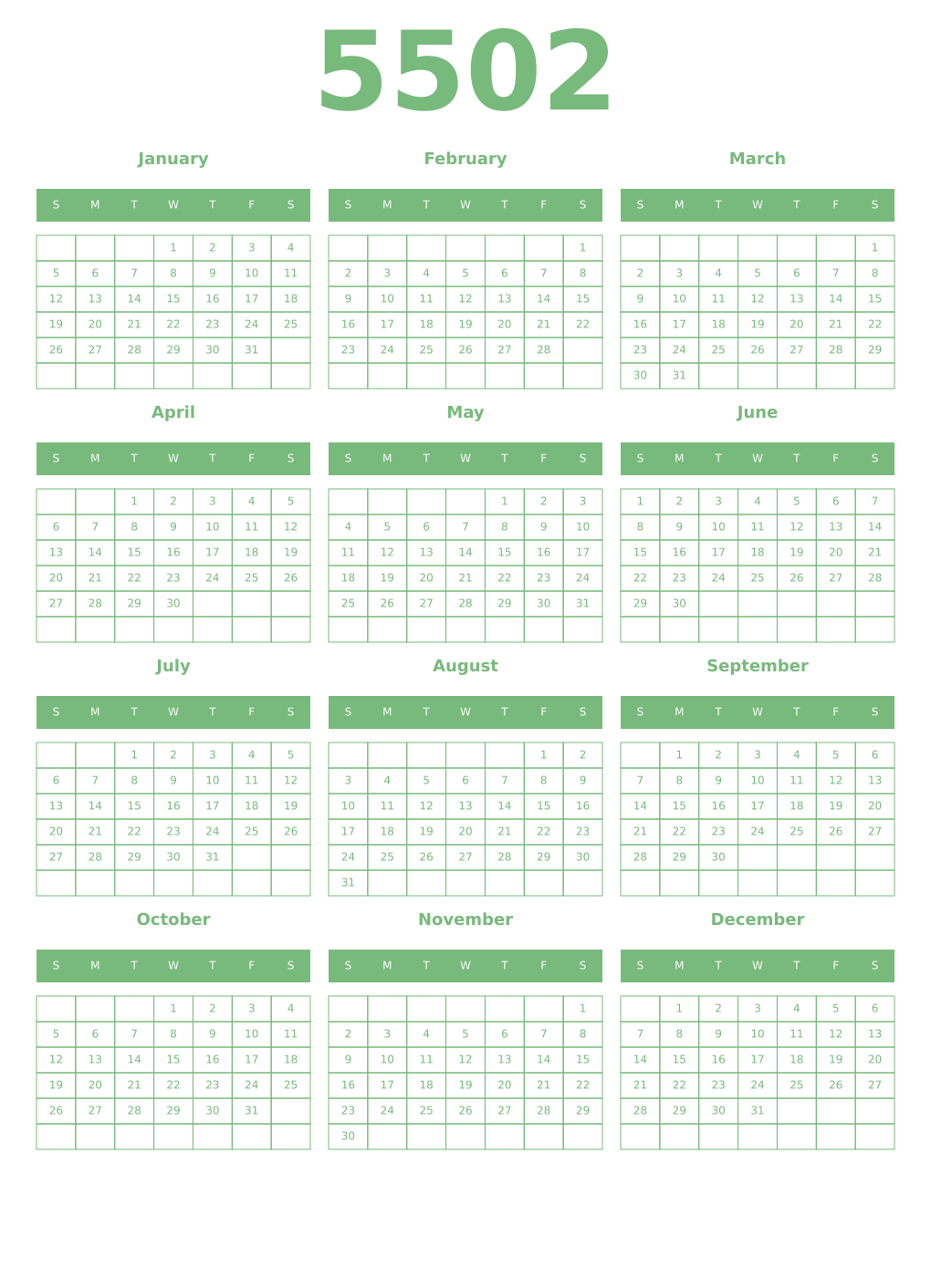 Printable 5502 Year Calendars celadon