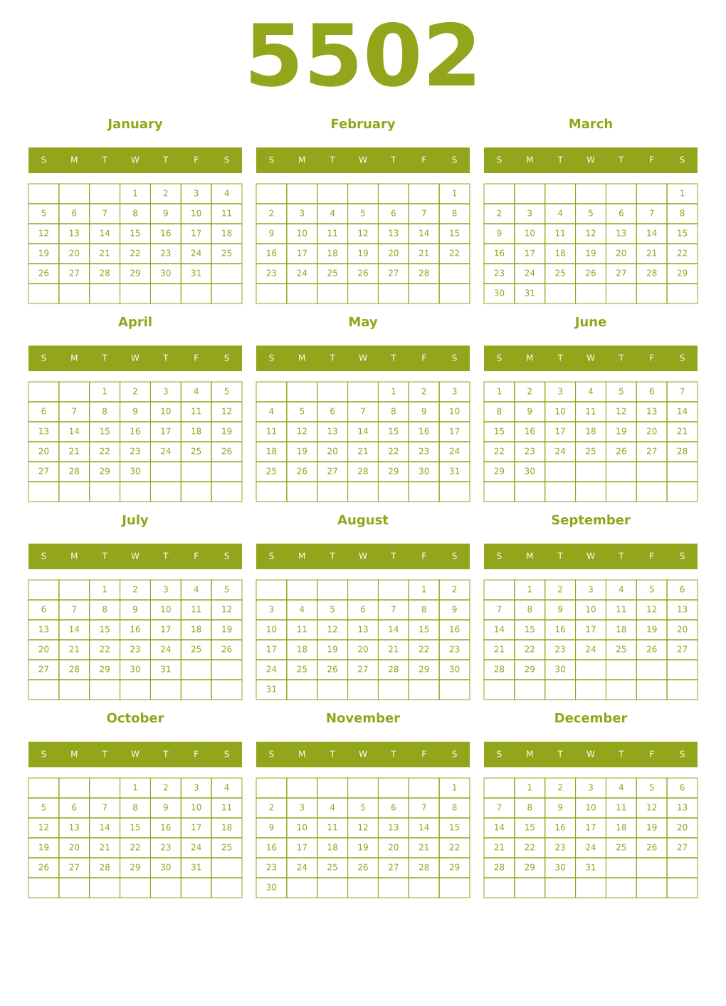 Printable 5502 Year Calendars chartreuse