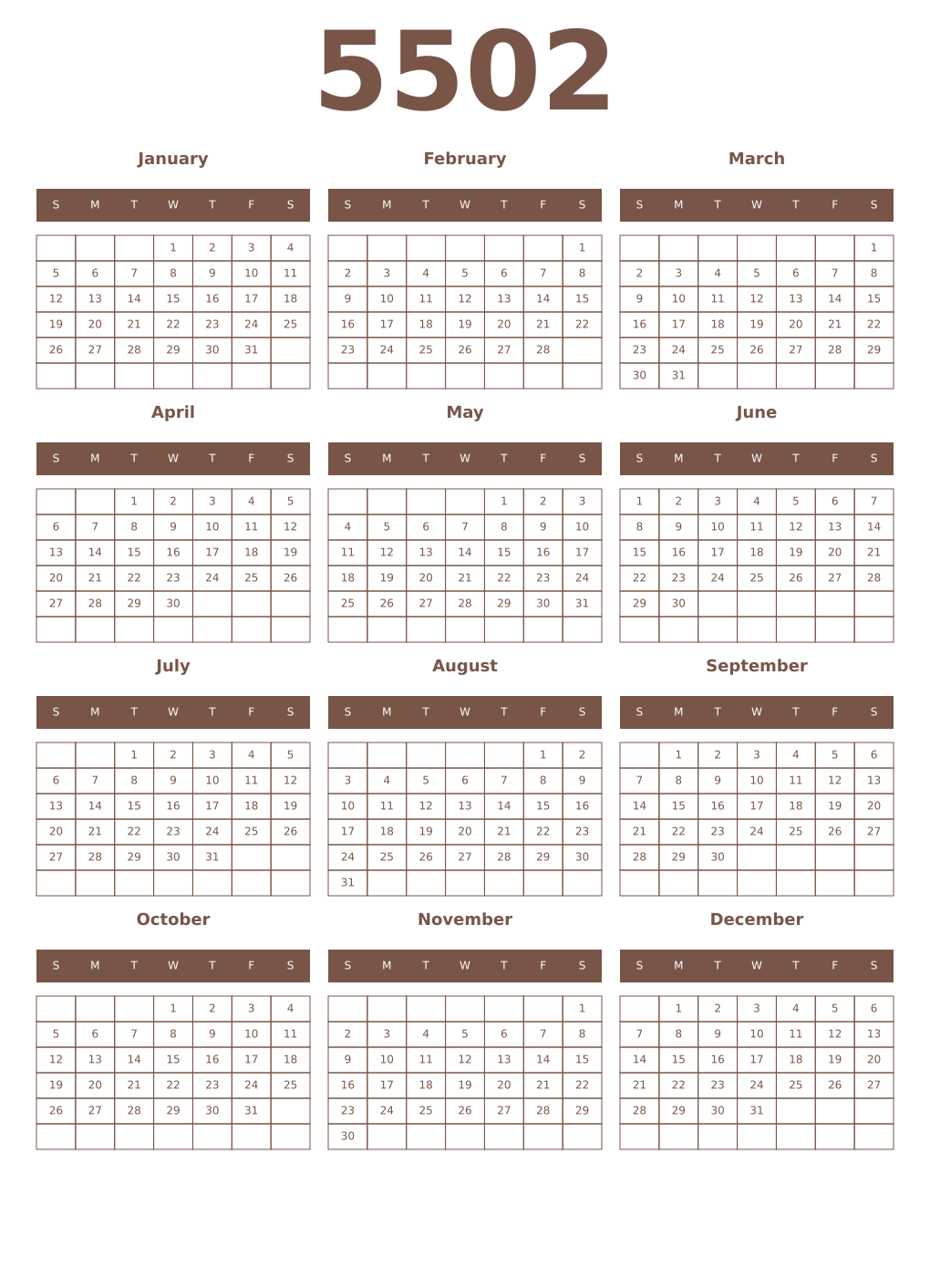Printable 5502 Year Calendars coffe