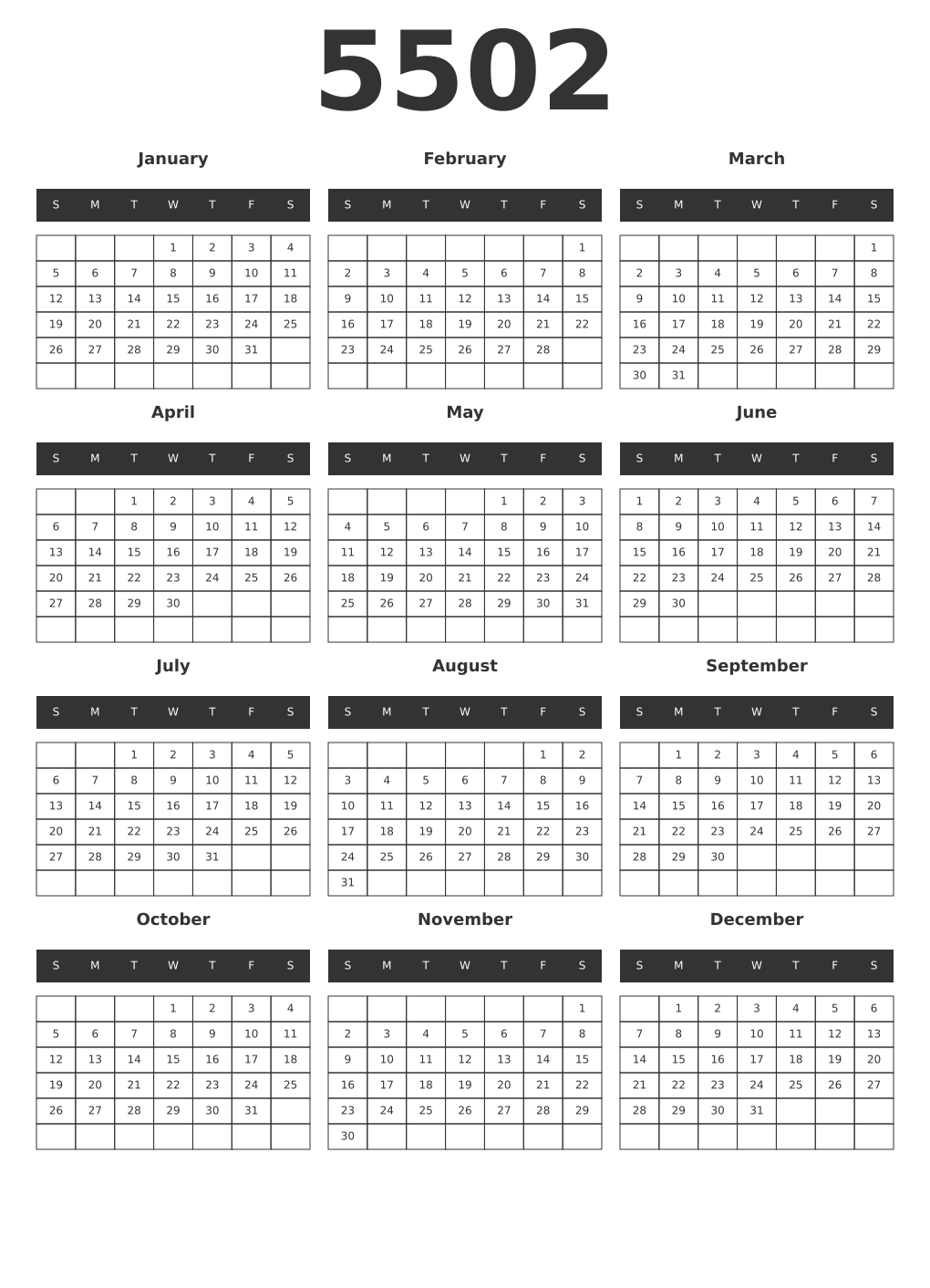 Printable 5502 Year Calendars dark