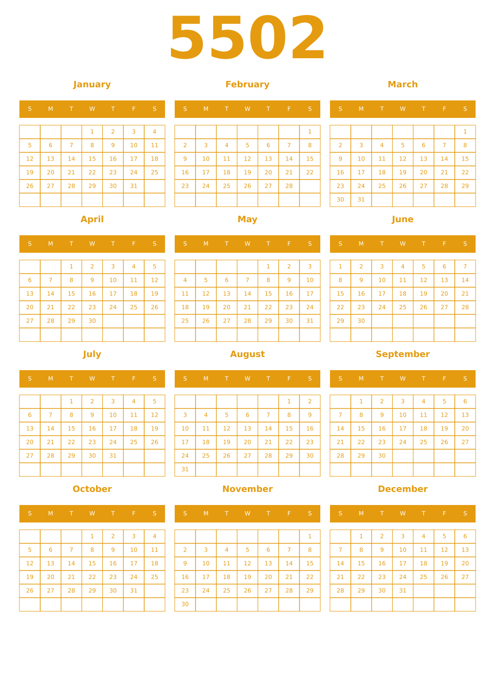 Printable 5502 Year Calendars gamboge