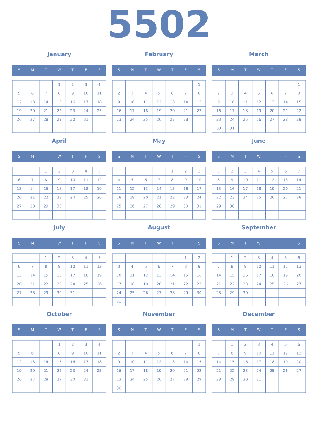 Printable 5502 Year Calendars glaucous