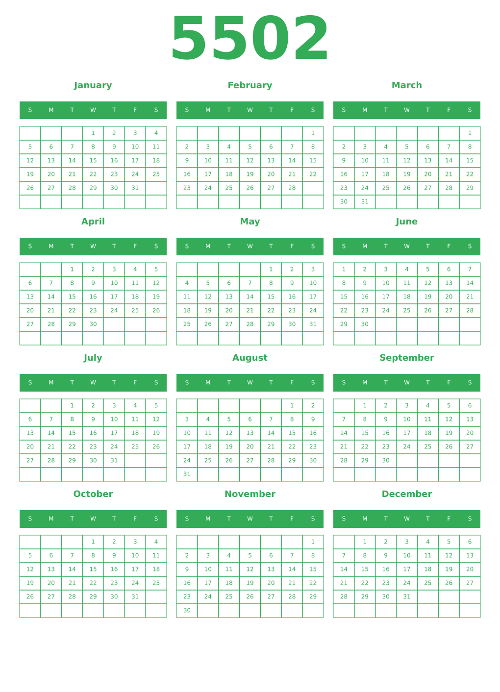 Printable 5502 Year Calendars green