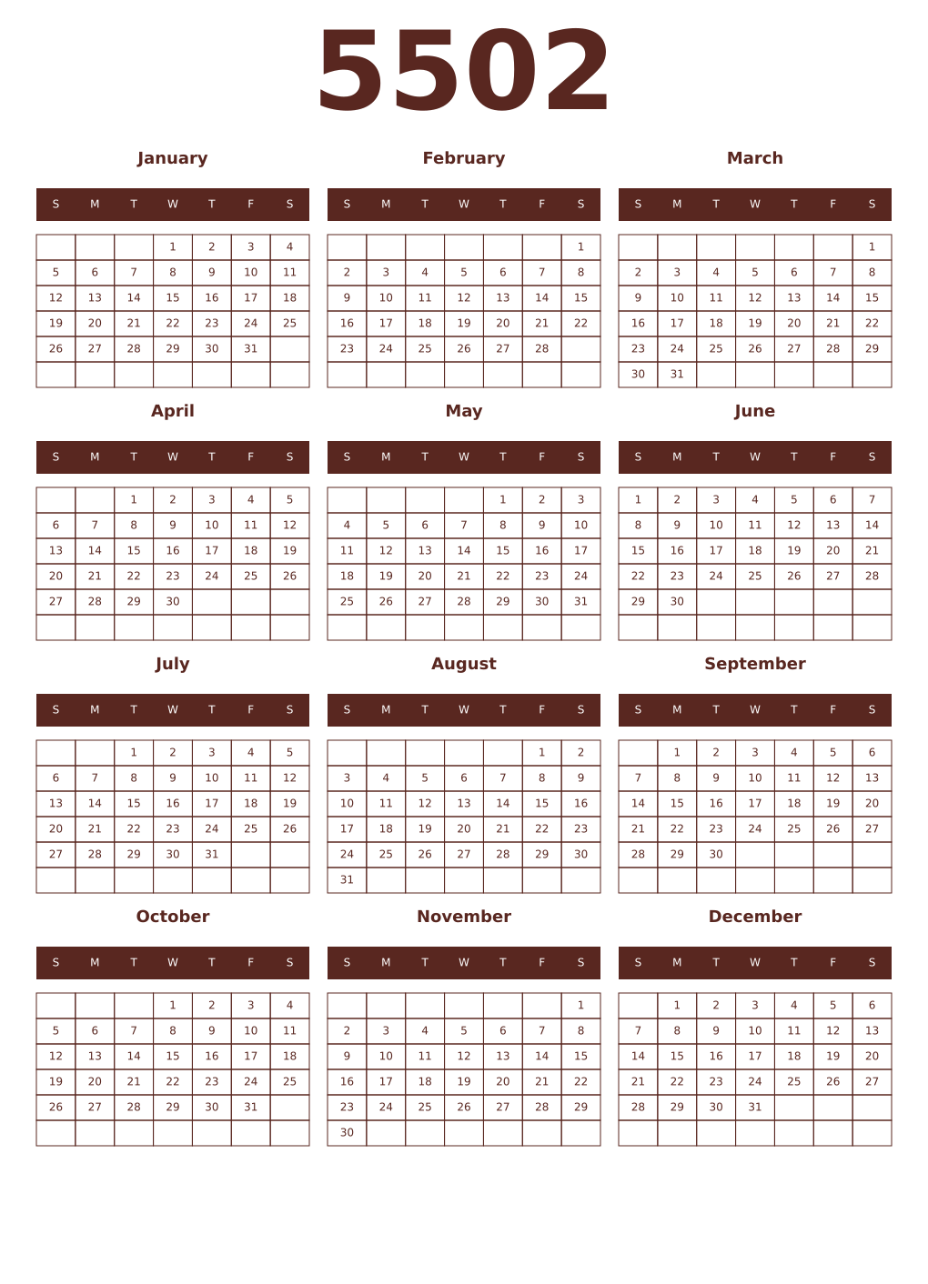Printable 5502 Year Calendars mortuum