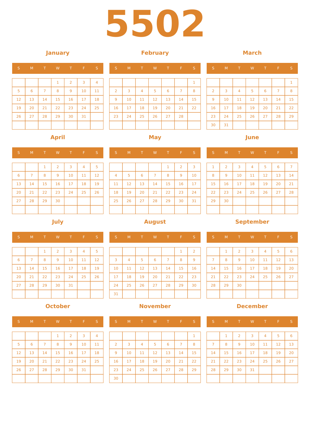 Printable 5502 Year Calendars orange