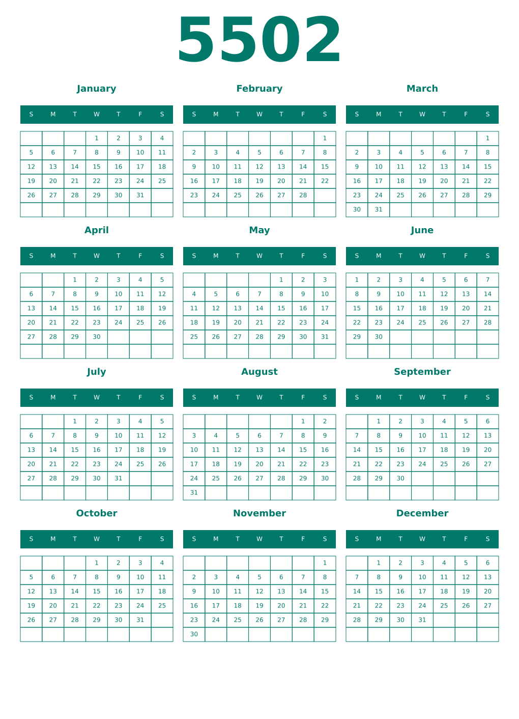 Printable 5502 Year Calendars pastel