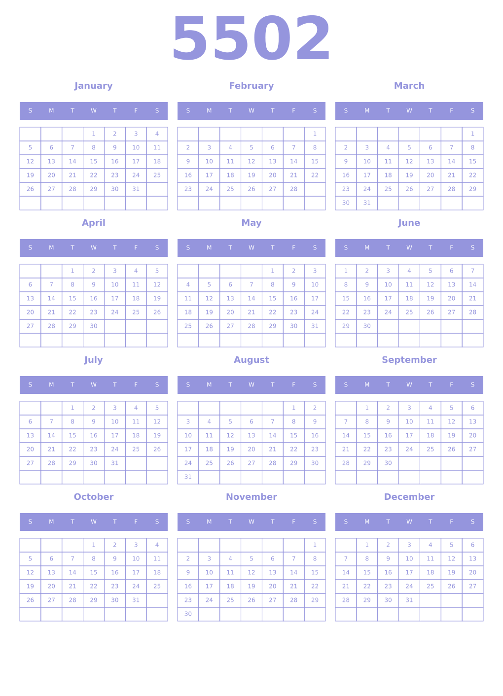 Printable 5502 Year Calendars periwinkle