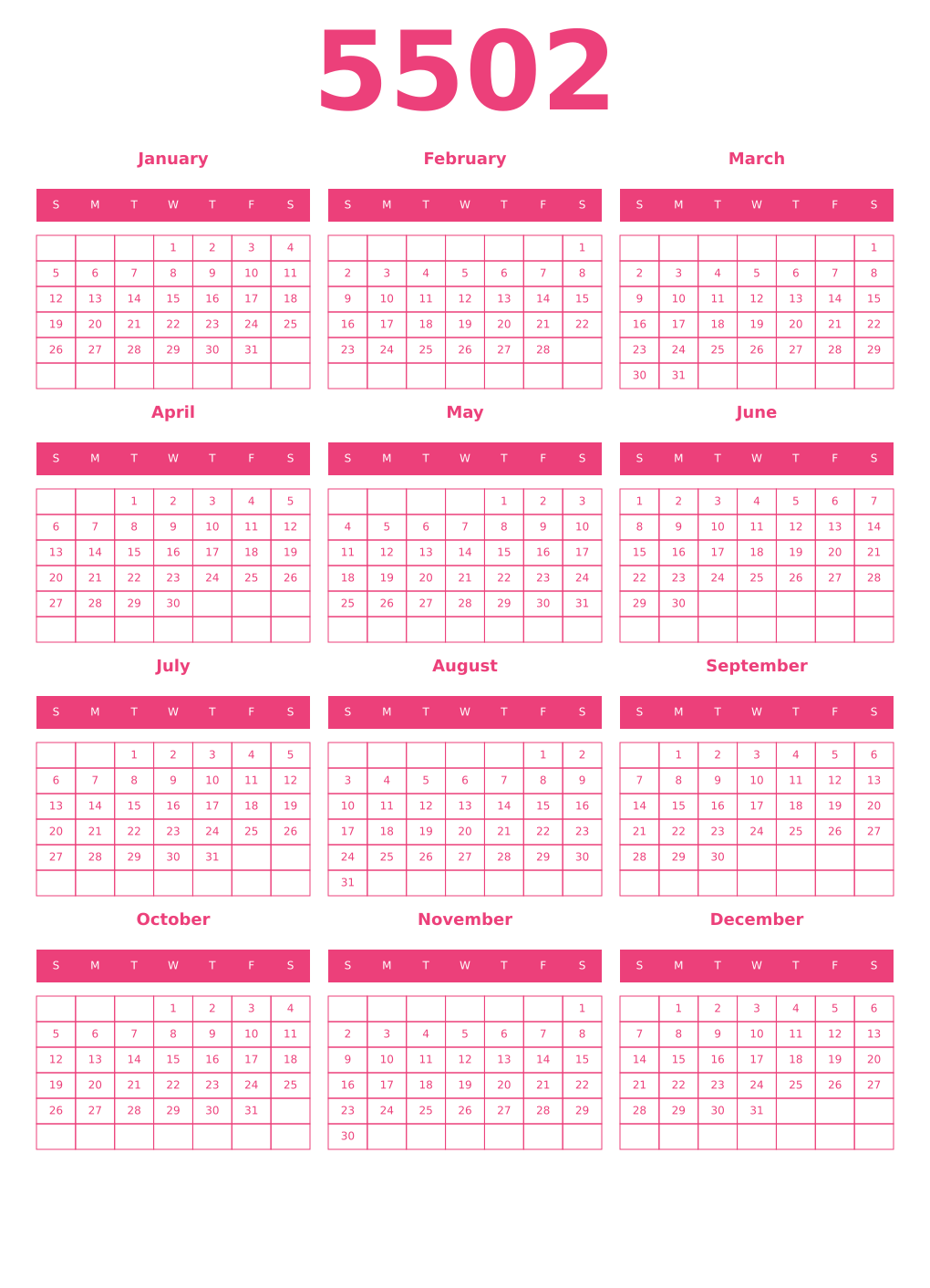 Printable 5502 Year Calendars pink