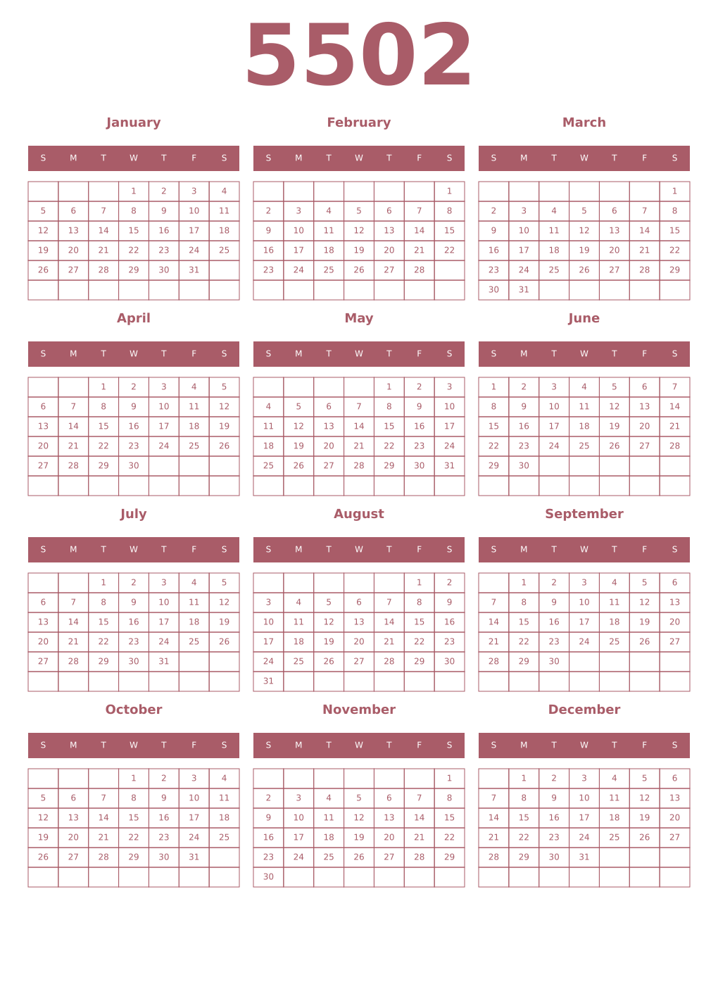 Printable 5502 Year Calendars puce