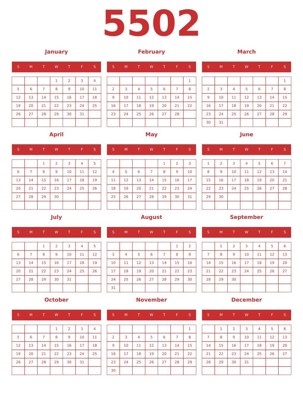 Printable 5502 Year Calendars red
