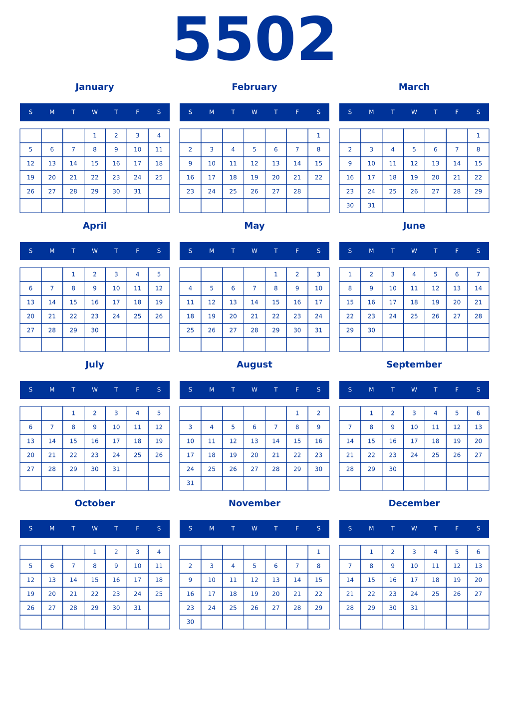 Printable 5502 Year Calendars smalt