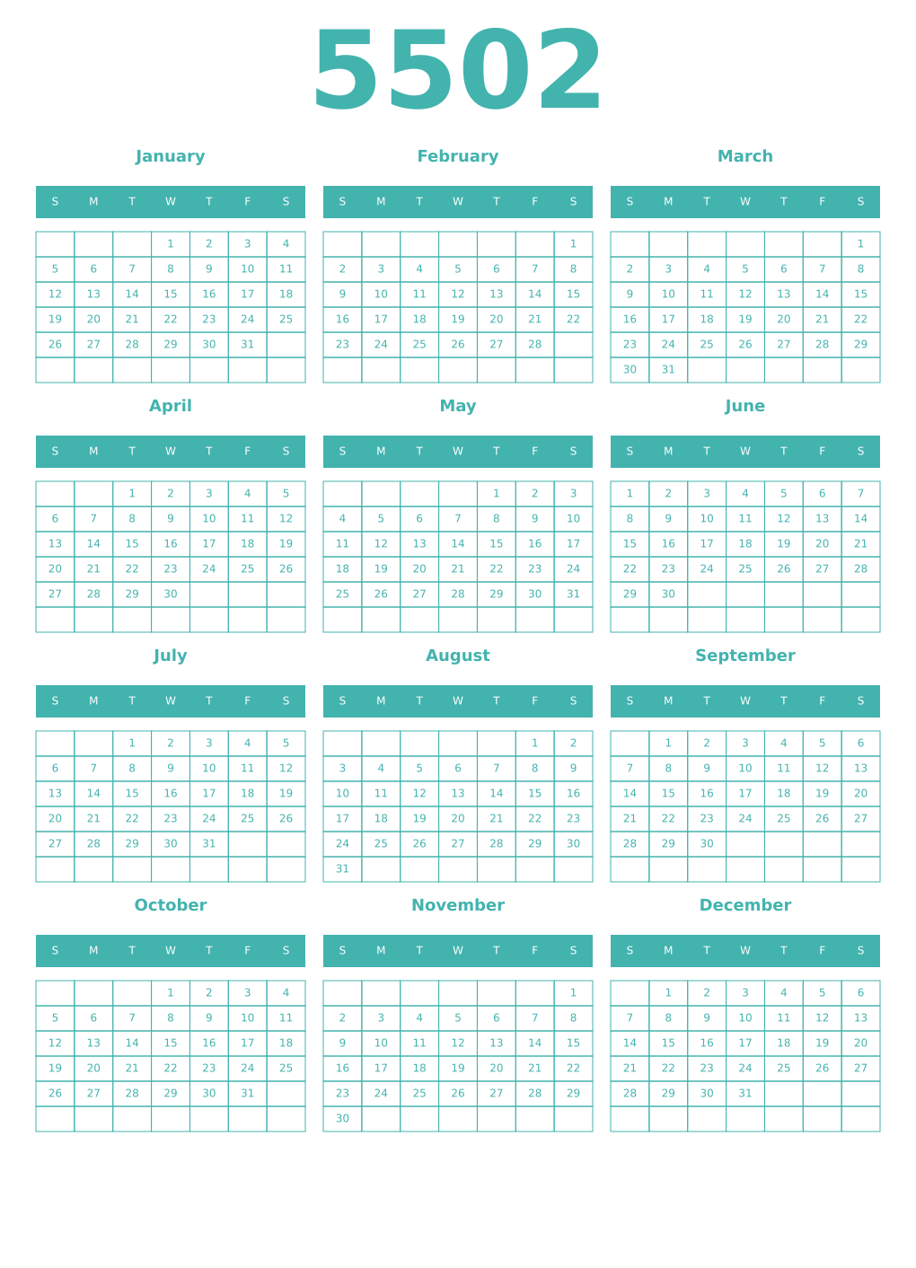Printable 5502 Year Calendars verdigris