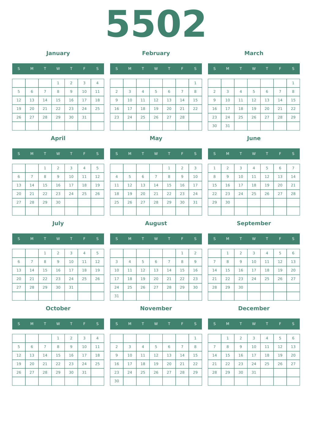 Printable 5502 Year Calendars viridian