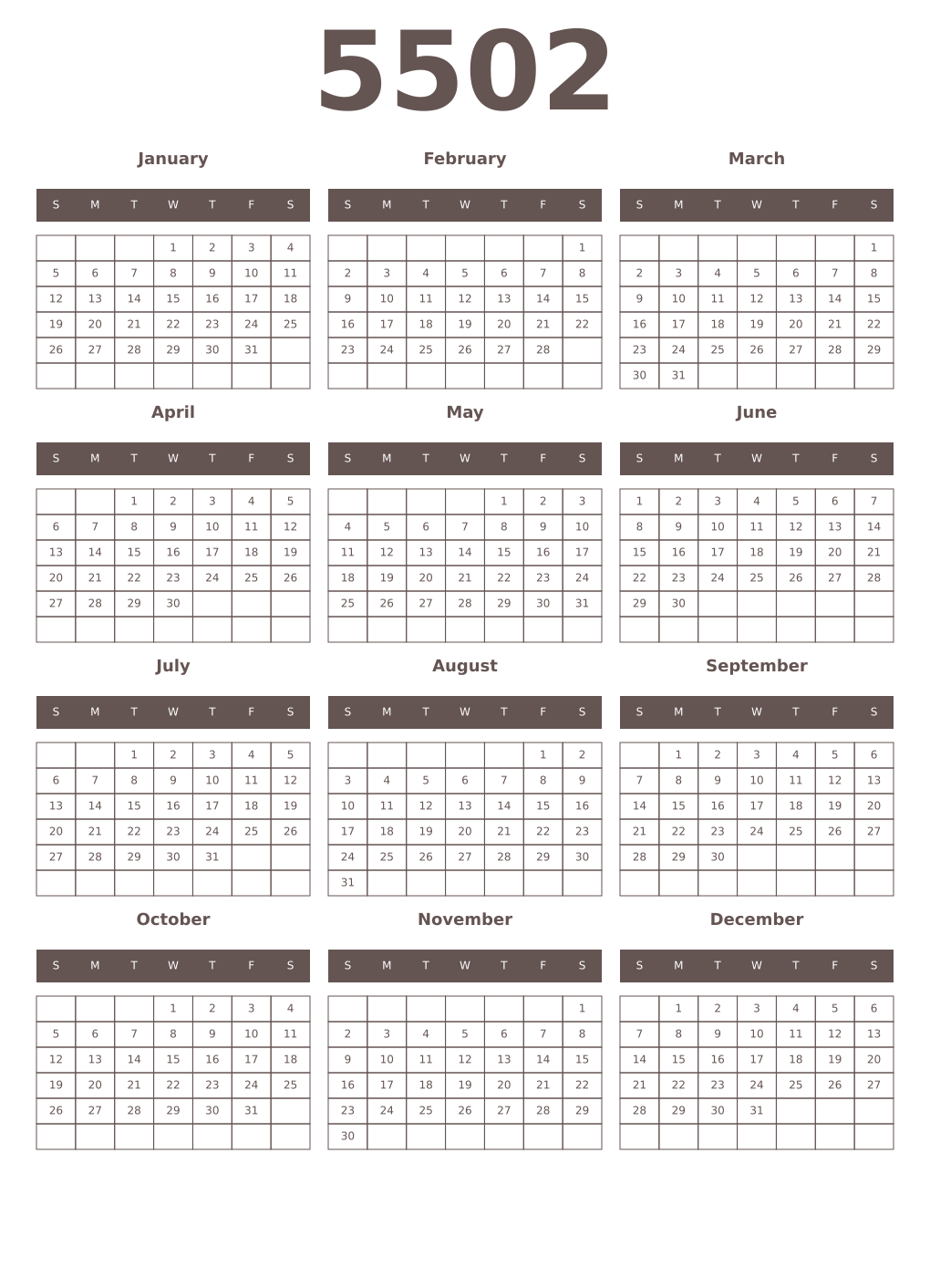 Printable 5502 Year Calendars wenge