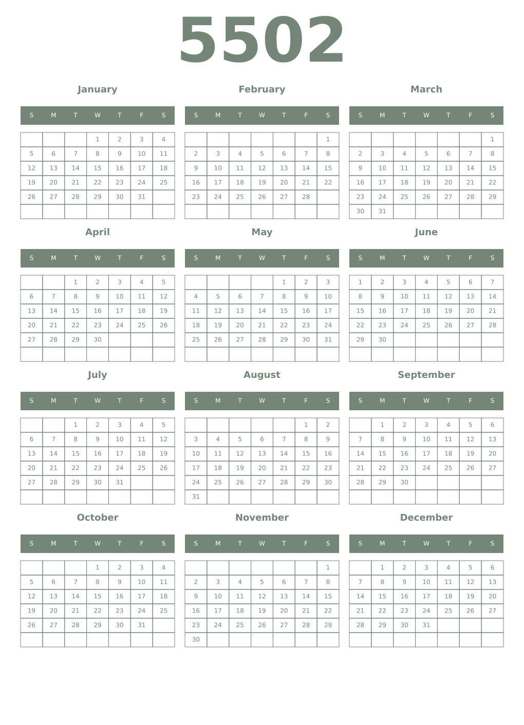 Printable 5502 Year Calendars xanadu