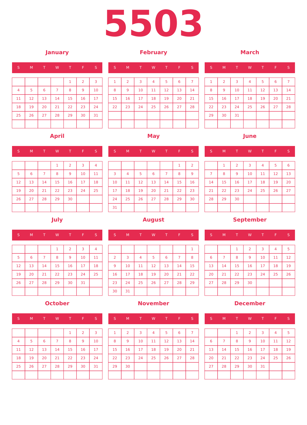 Printable 5503 Year Calendars amaranth