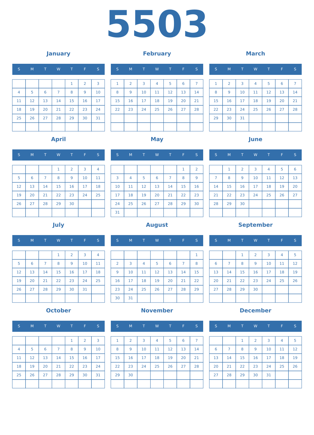 Printable 5503 Year Calendars blue