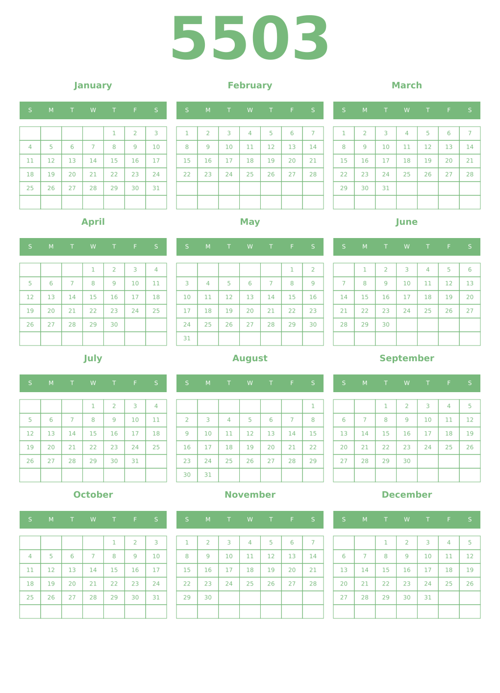 Printable 5503 Year Calendars celadon