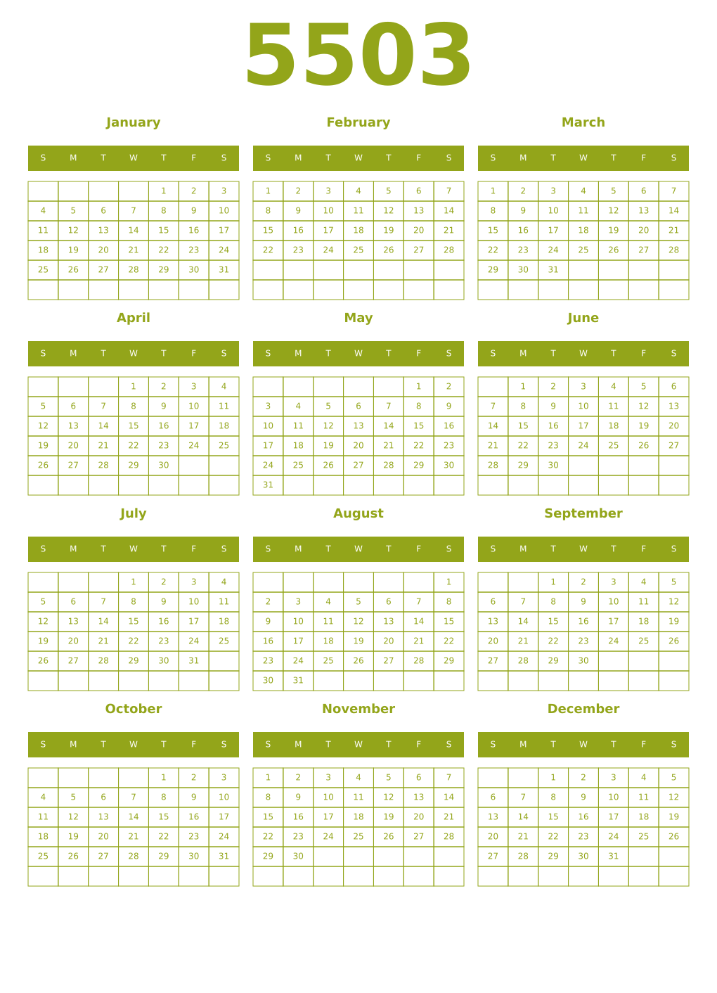 Printable 5503 Year Calendars chartreuse