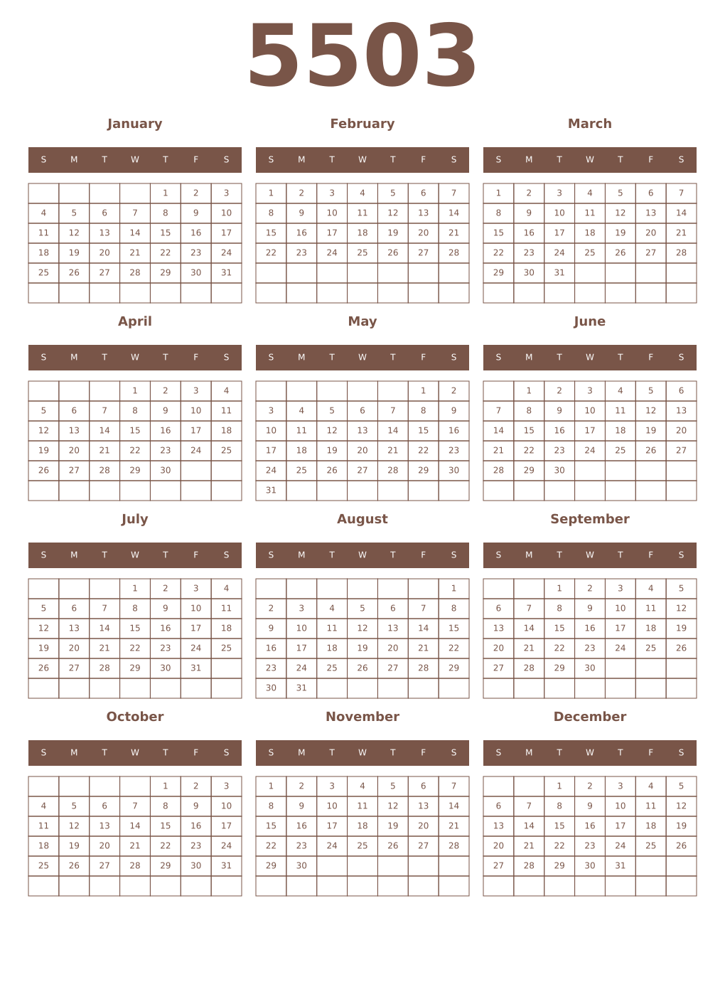 Printable 5503 Year Calendars coffe