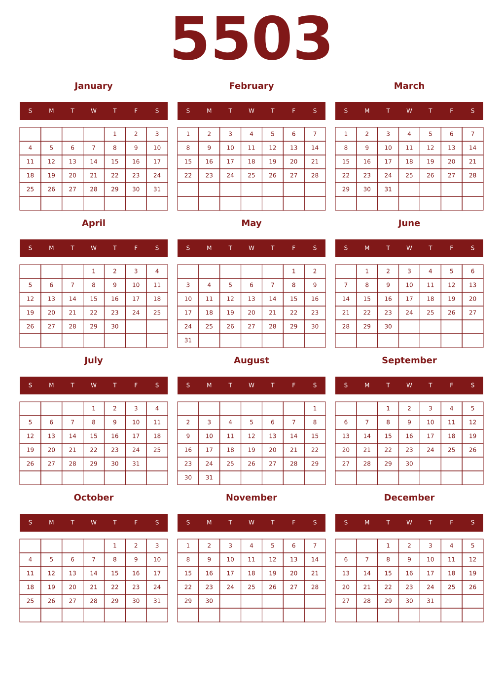 Printable 5503 Year Calendars falu