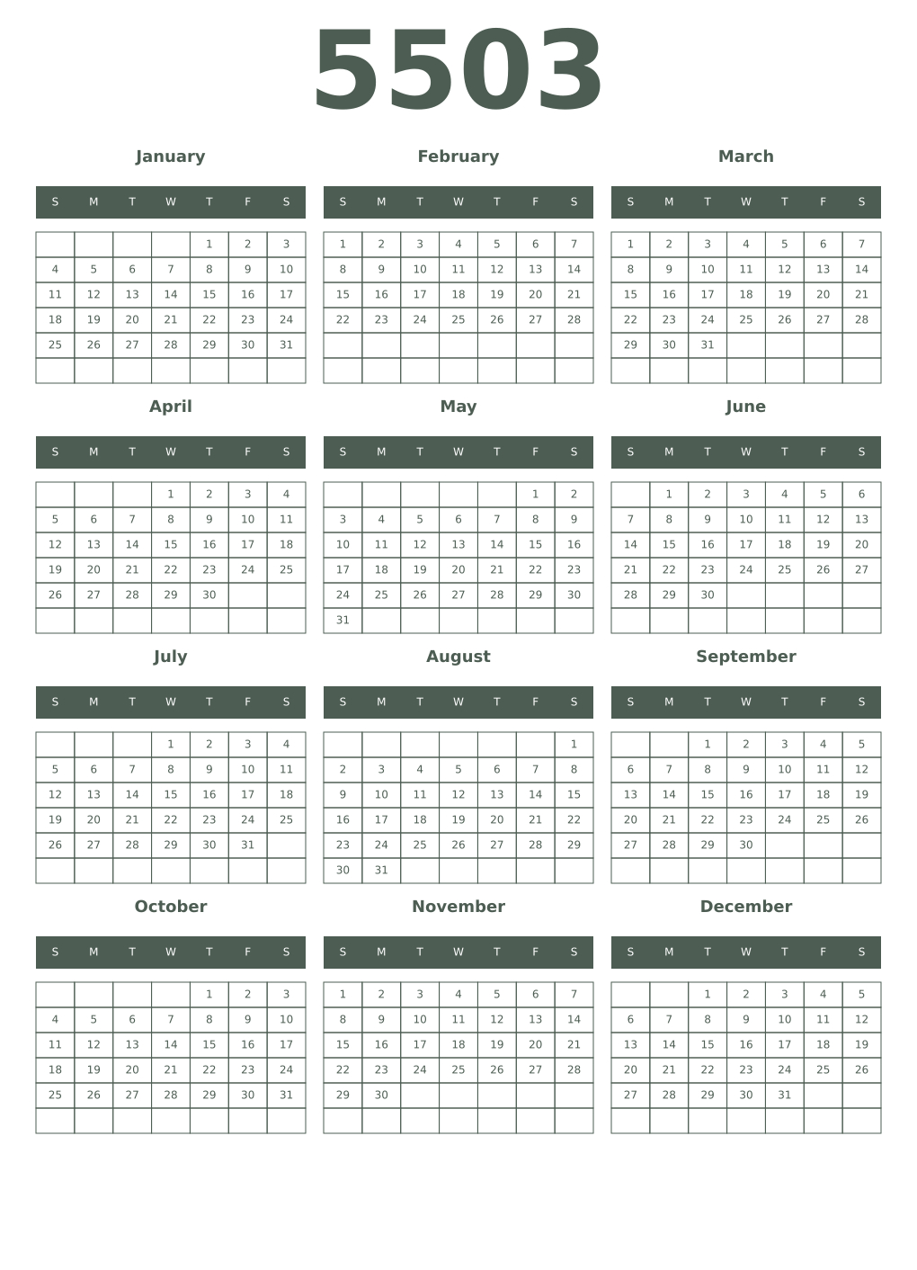 Printable 5503 Year Calendars feldgrau