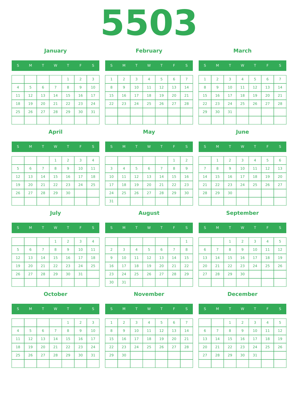 Printable 5503 Year Calendars green