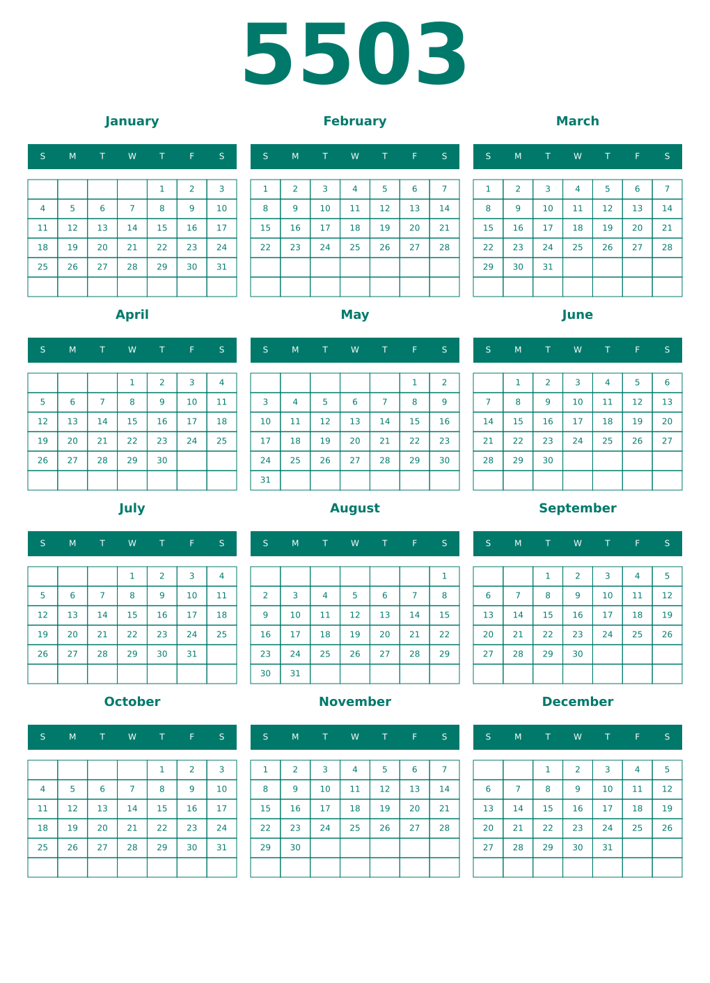 Printable 5503 Year Calendars pastel