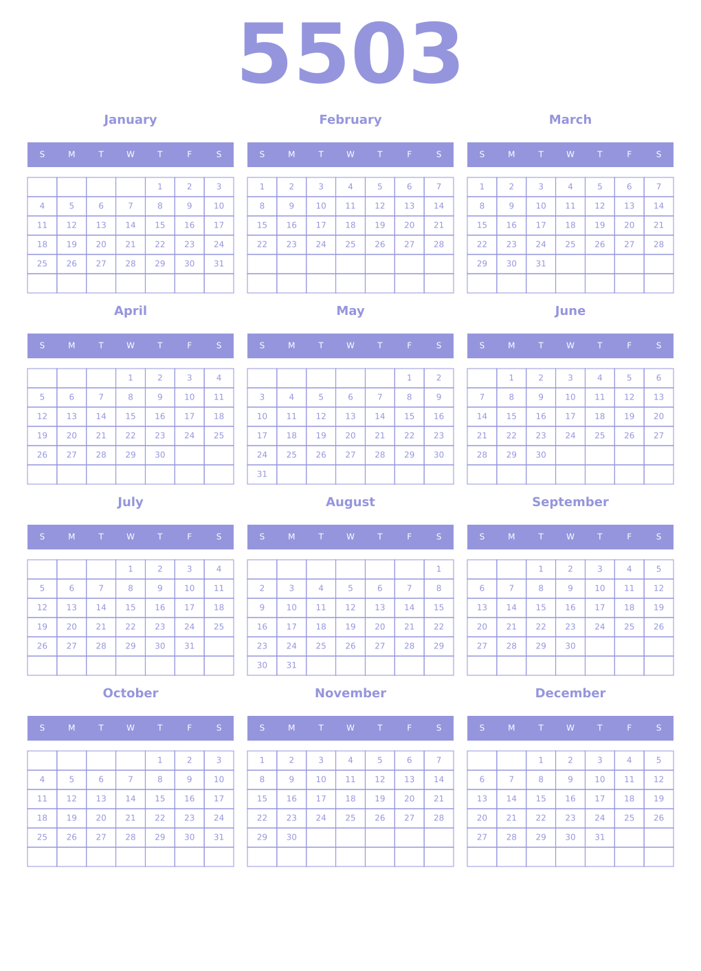 Printable 5503 Year Calendars periwinkle