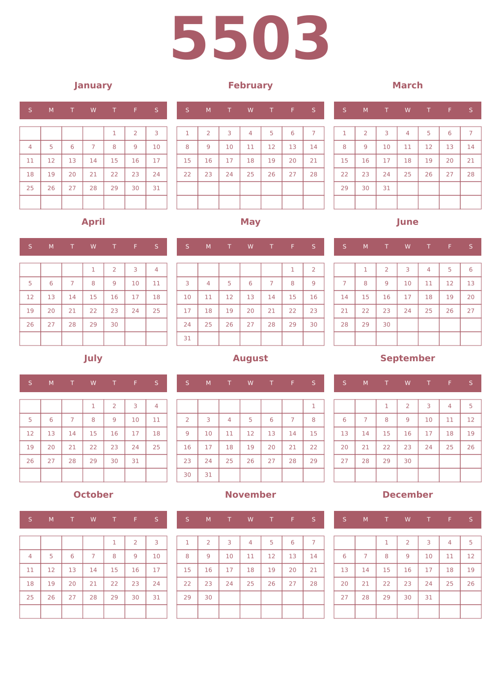 Printable 5503 Year Calendars puce