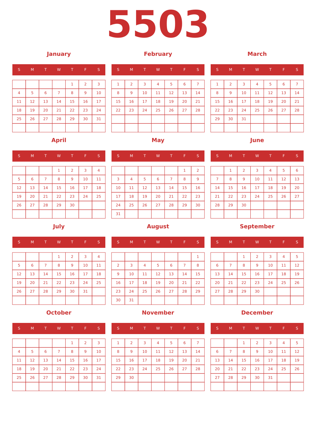 Printable 5503 Year Calendars red