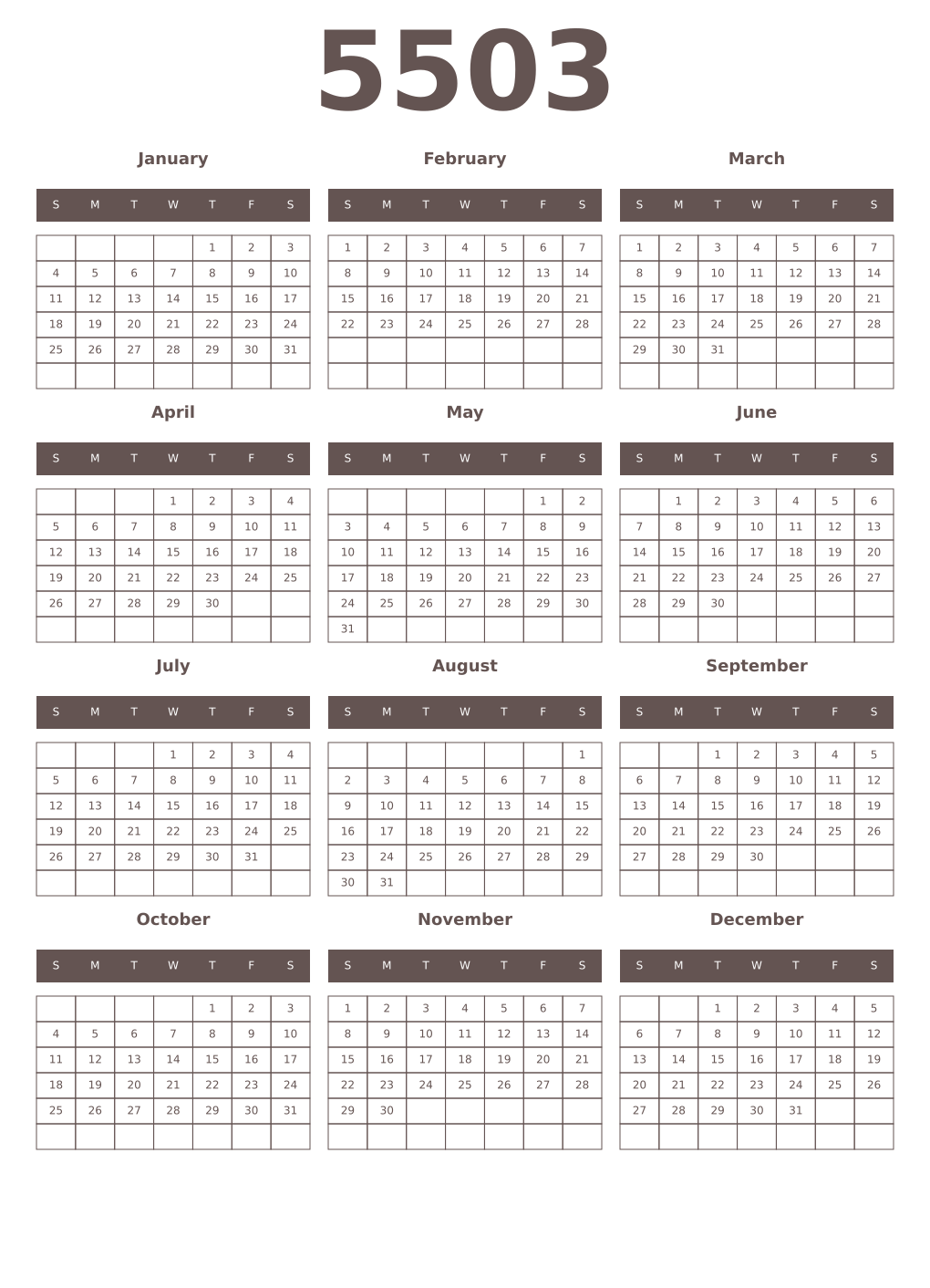 Printable 5503 Year Calendars wenge