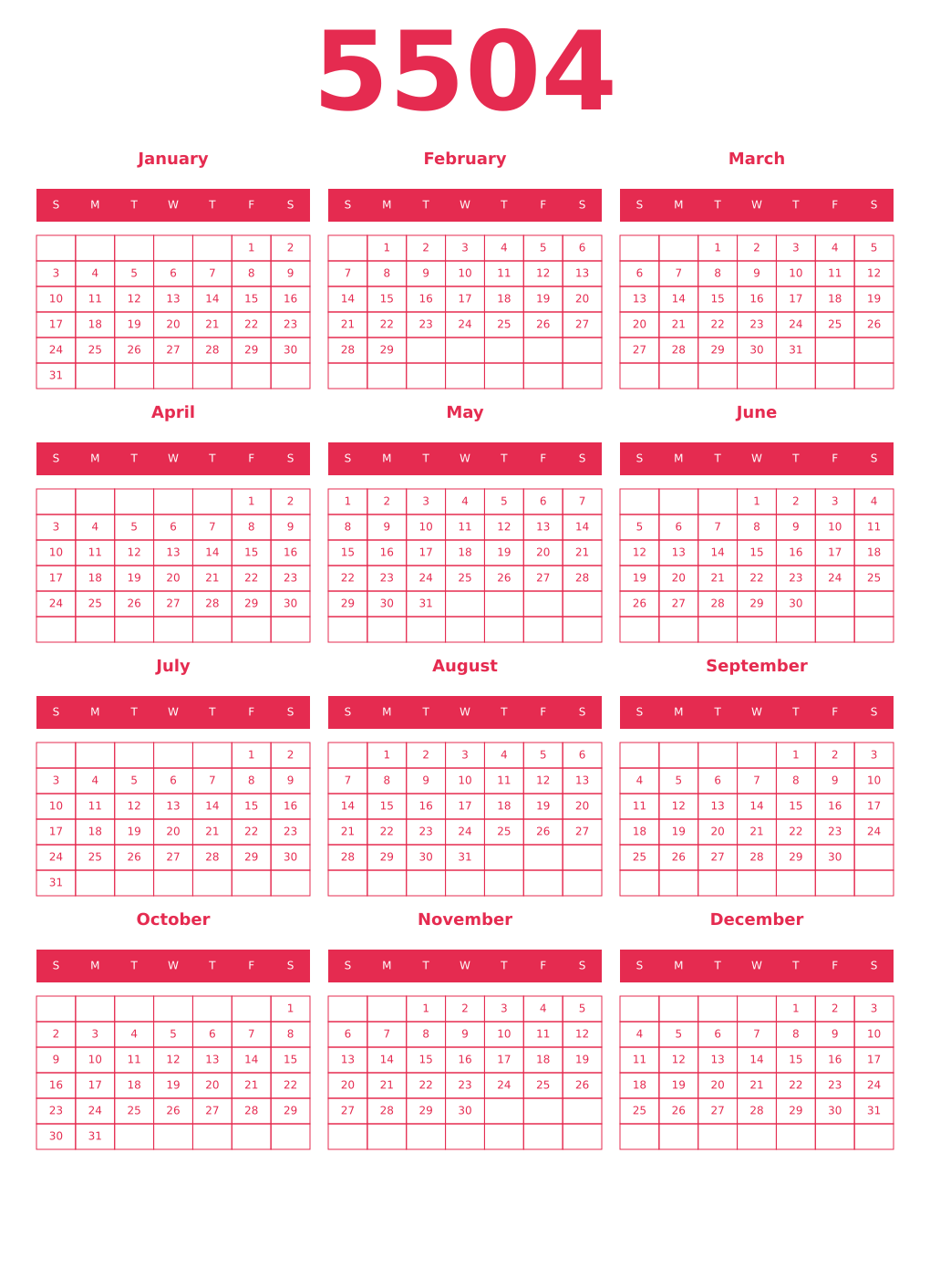 Printable 5504 Year Calendars amaranth