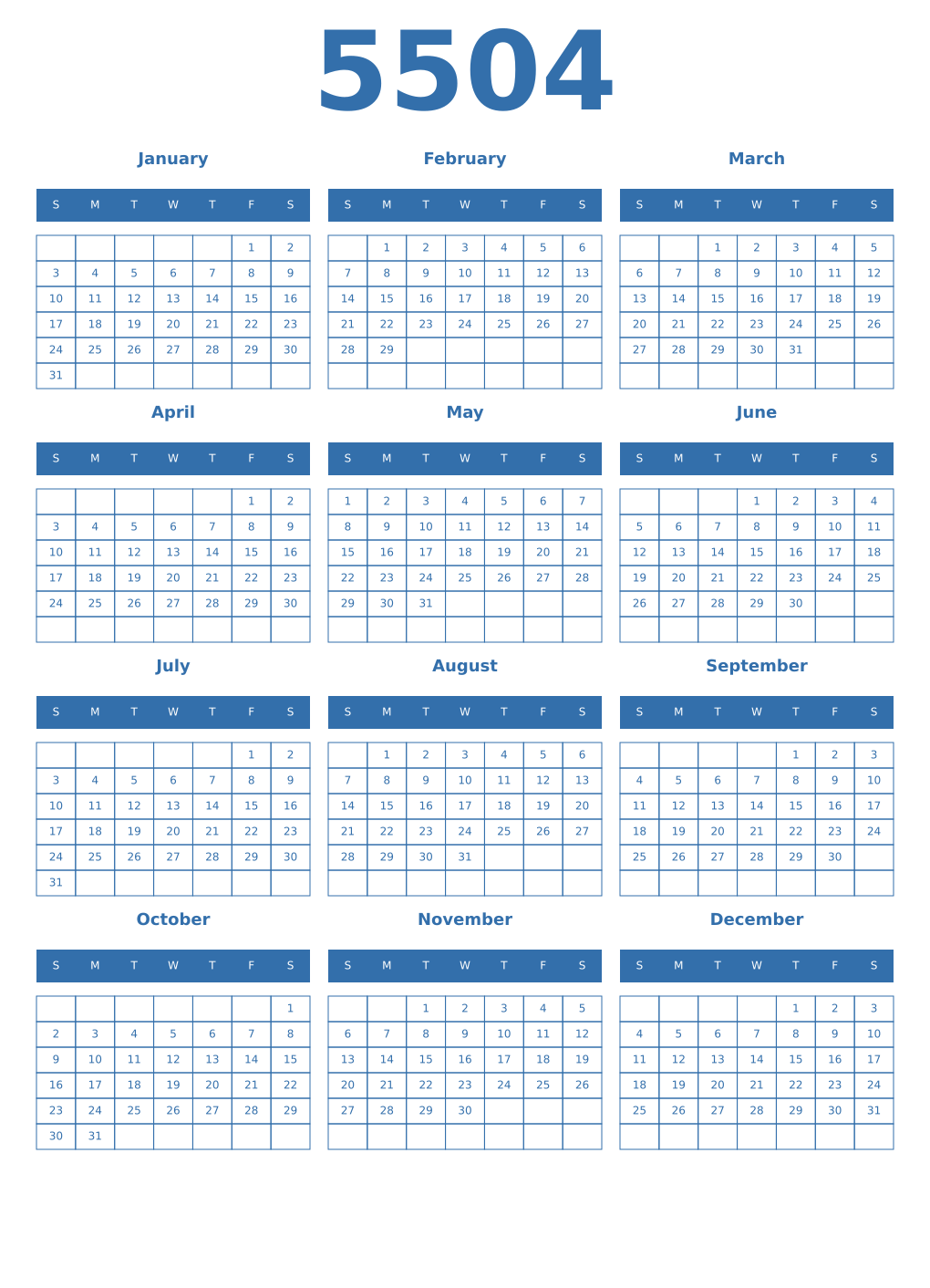 Printable 5504 Year Calendars blue