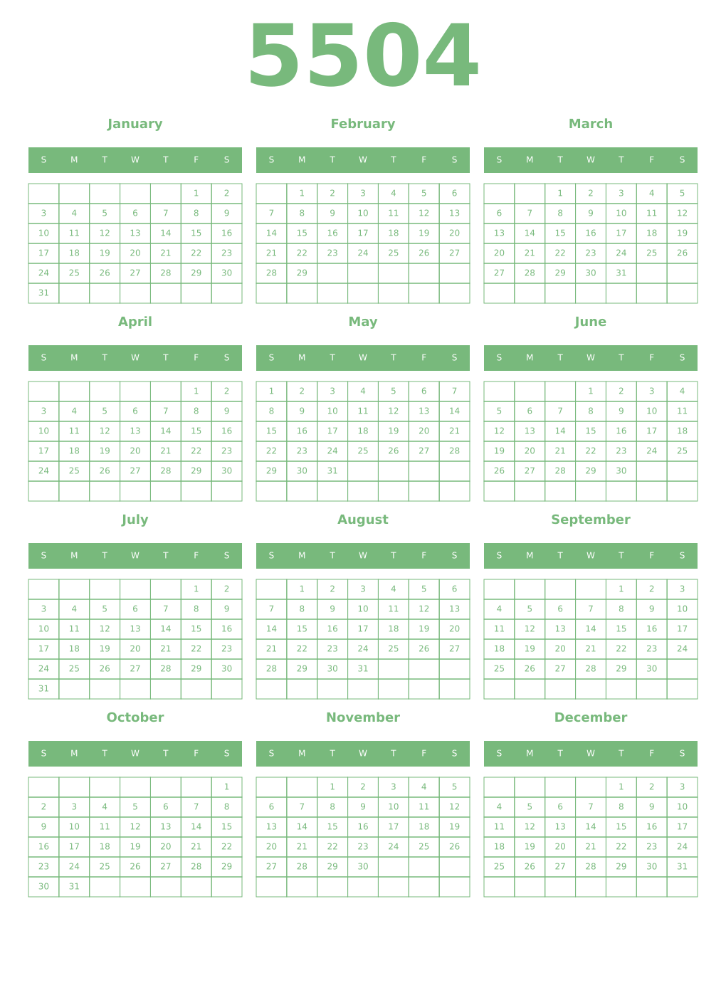 Printable 5504 Year Calendars celadon