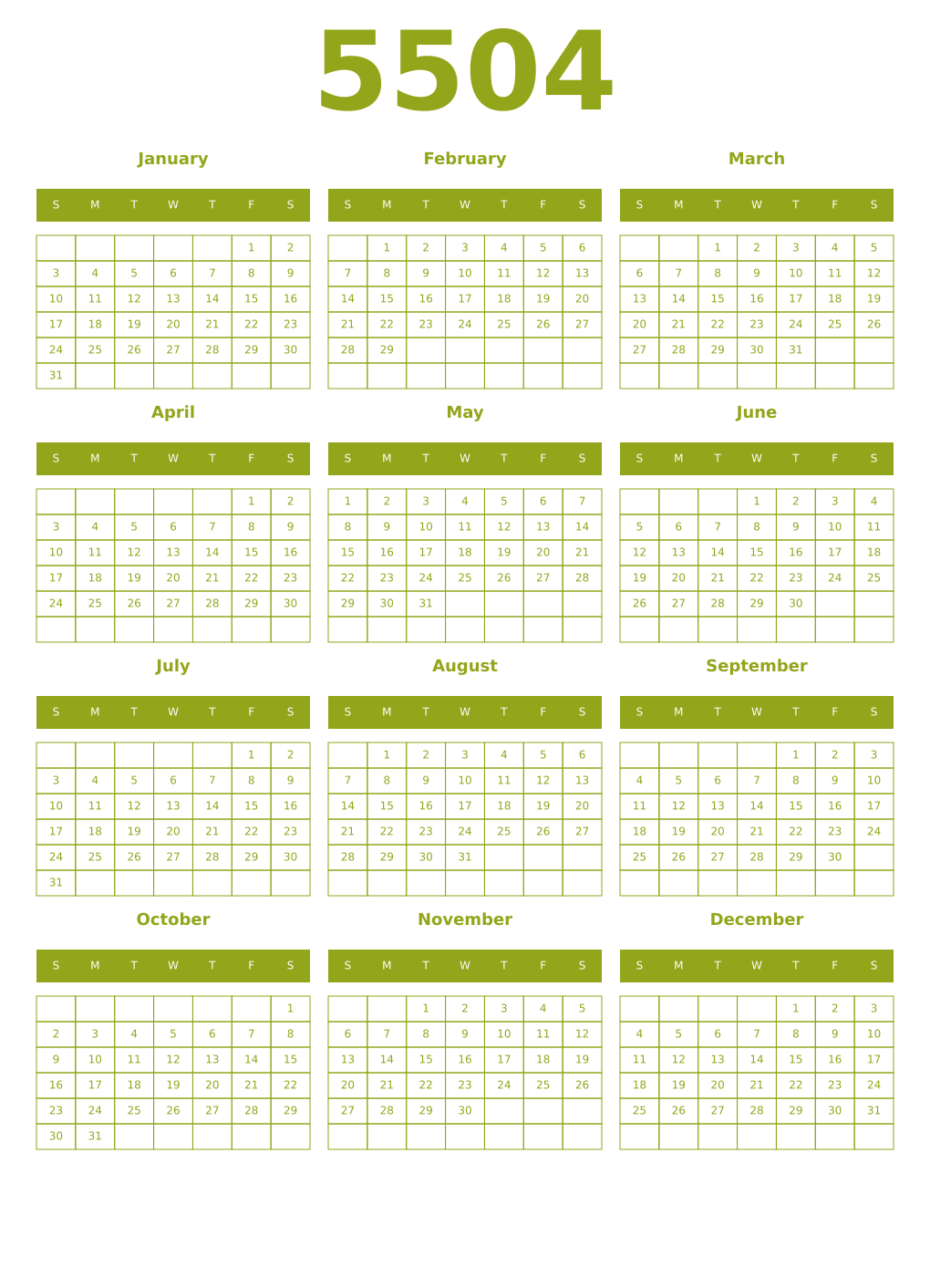Printable 5504 Year Calendars chartreuse