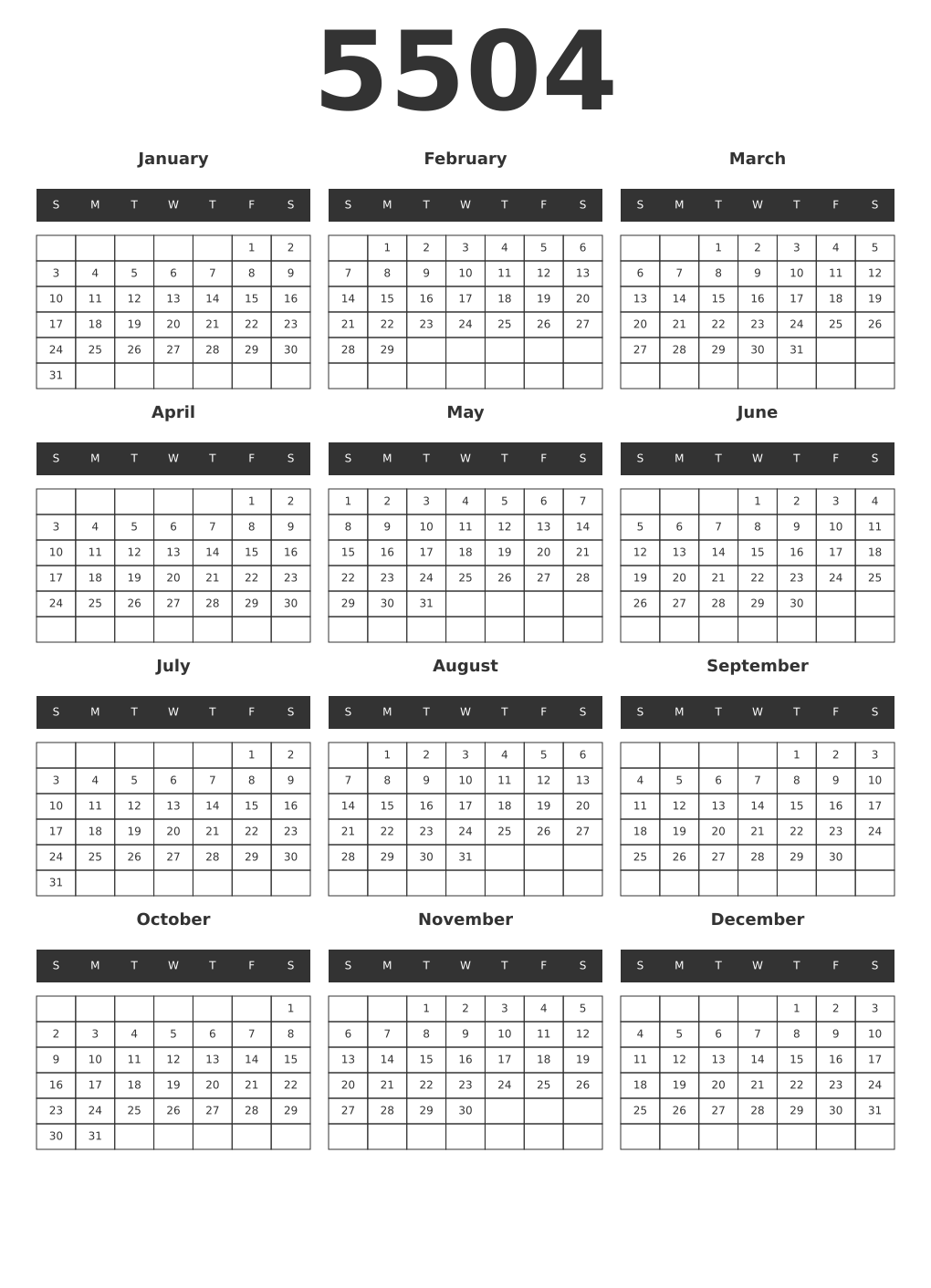 Printable 5504 Year Calendars dark