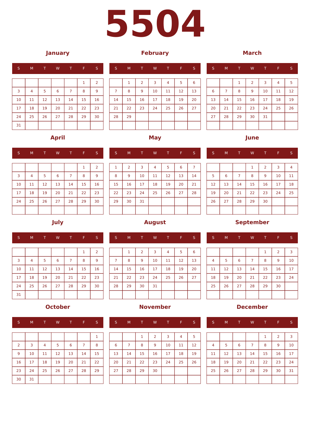 Printable 5504 Year Calendars falu