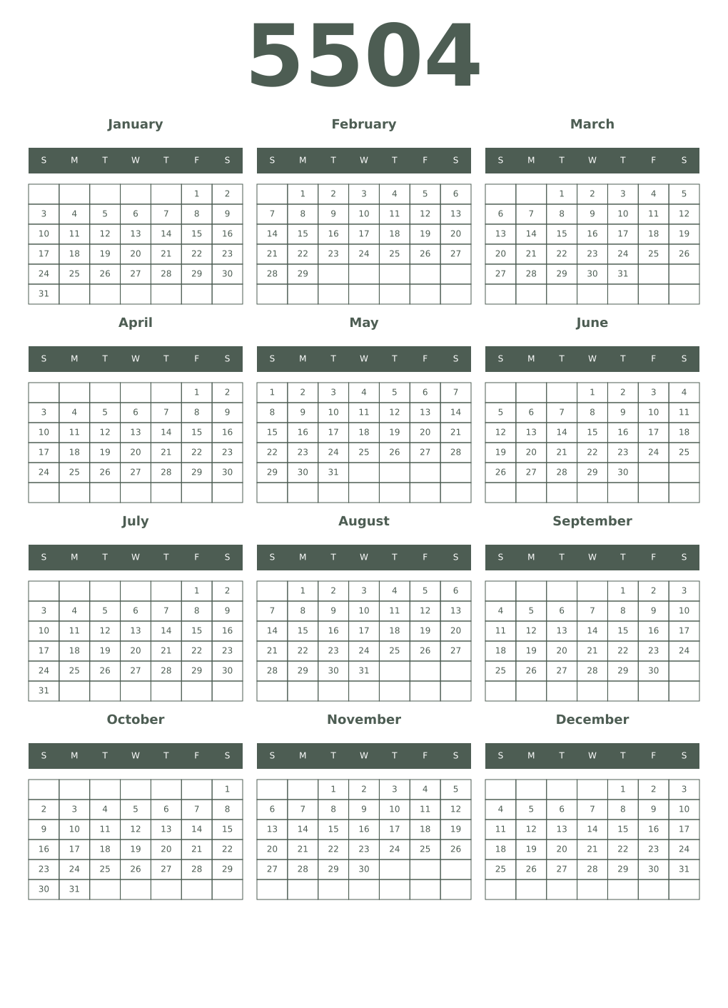 Printable 5504 Year Calendars feldgrau