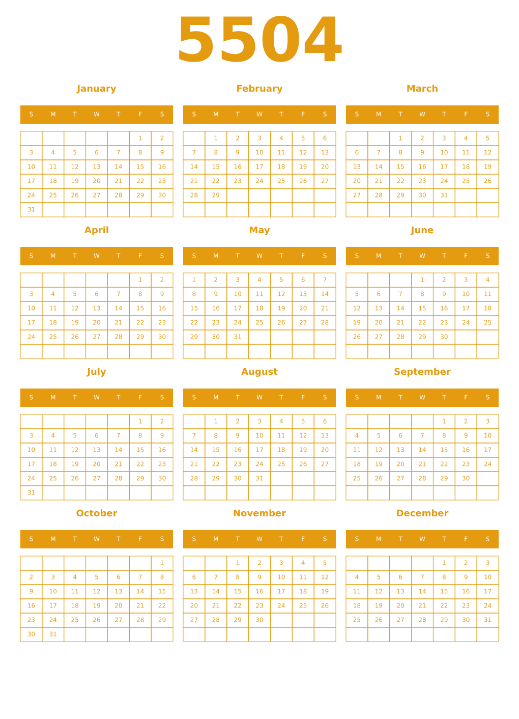 Printable 5504 Year Calendars gamboge