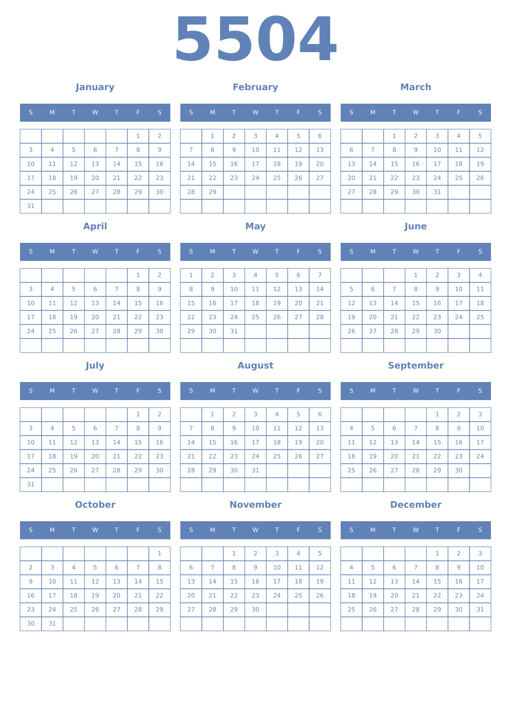 Printable 5504 Year Calendars glaucous