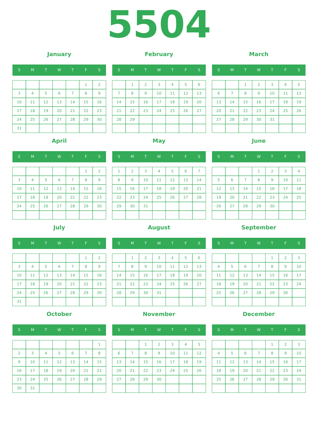 Printable 5504 Year Calendars green