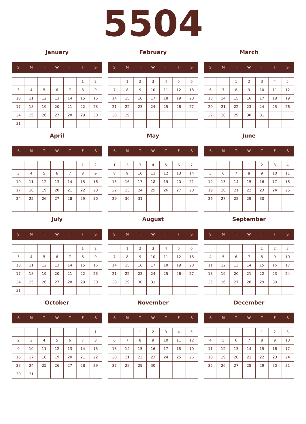 Printable 5504 Year Calendars mortuum