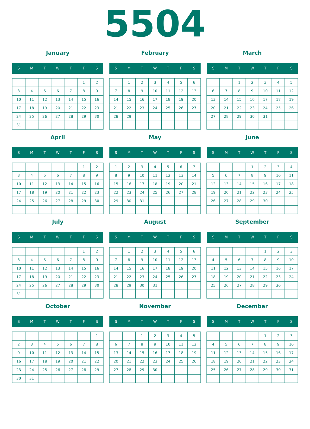 Printable 5504 Year Calendars pastel