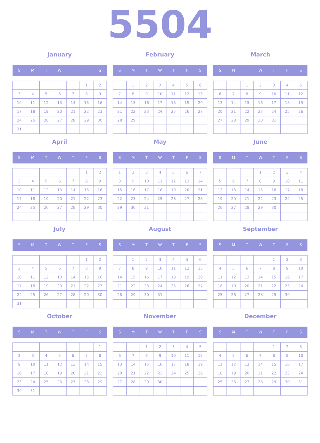 Printable 5504 Year Calendars periwinkle