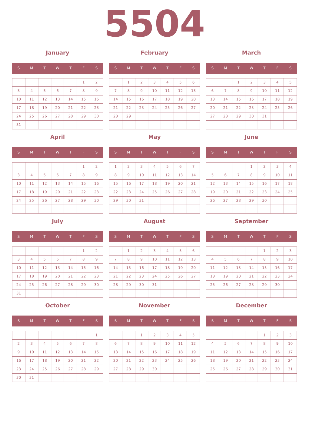 Printable 5504 Year Calendars puce