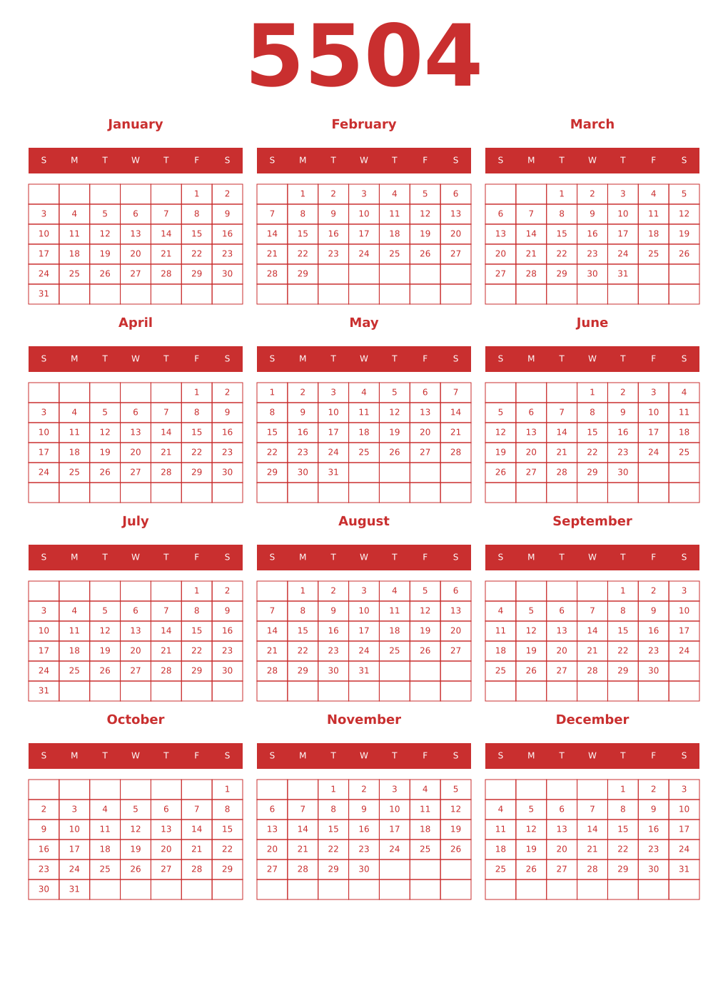 Printable 5504 Year Calendars red