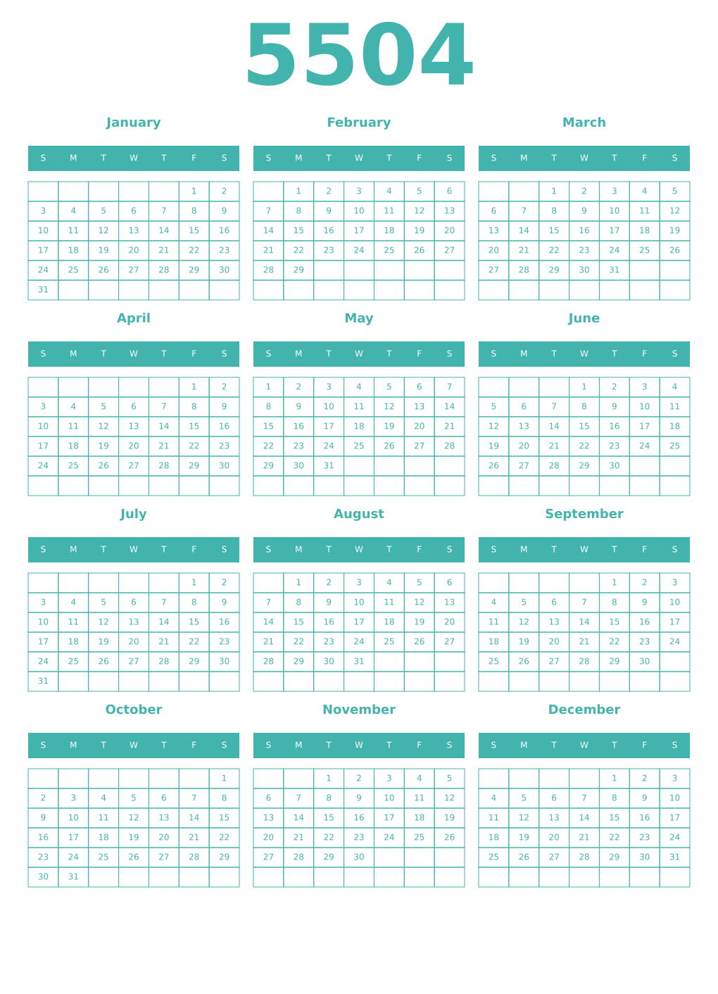 Printable 5504 Year Calendars verdigris