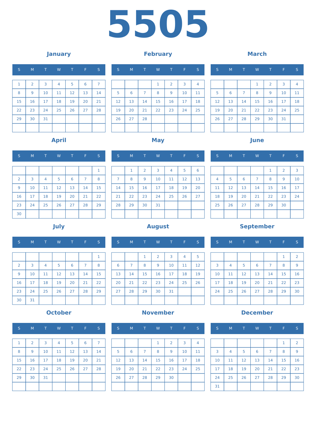 Printable 5505 Year Calendars blue